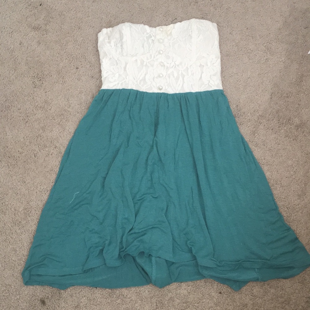 White lace and blue dress